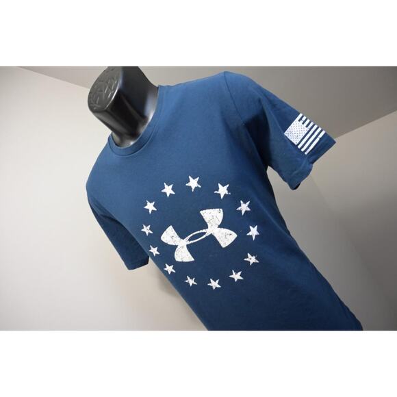 Under Armour Gym Shirt American Flag Tee Blue Performance Athletic Mens Small - Picture 1 of 7